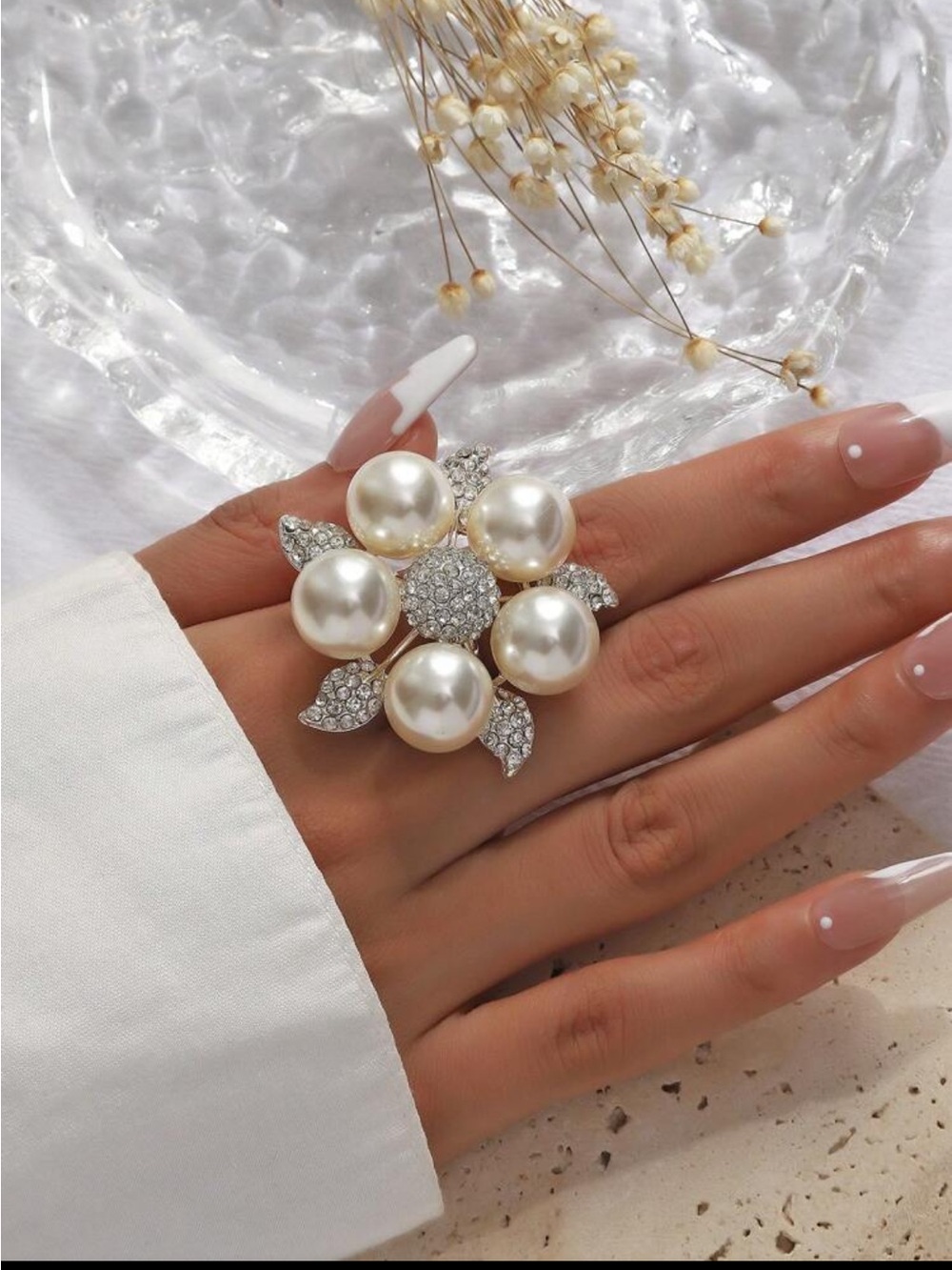 Pearl Cluster Flower Rhinestone Statement Ring NEW 🏷️